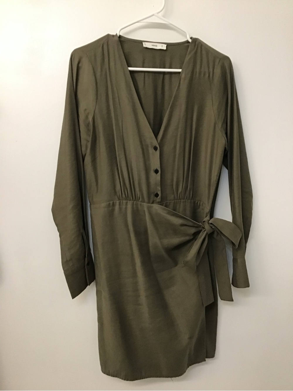 Mango Olive Wrap-Style Long Sleeve Dress